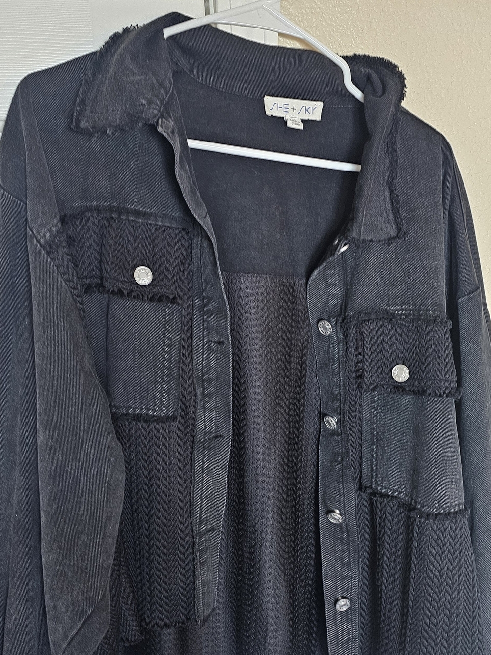 She + Sky Black Knit-Panel Jean Shacket